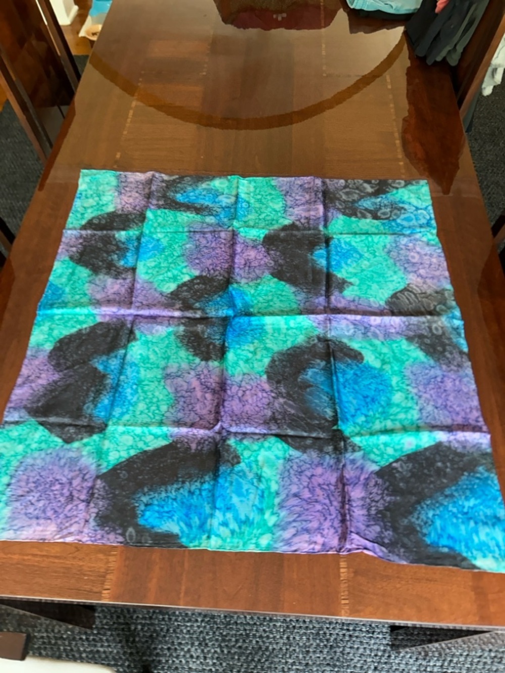 Vibrant Blue & Purple Abstract Silk Scarf 33“ x 33“ hand rolled